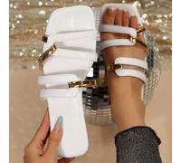 Sandali estivi infradito da donna, con design a righe dorate e cut-out, di colore bianco, adatti per vacanze casual, uso quotidiano, abbinabili a vestiti, leggings, pantaloni casual, shorts, minigonne