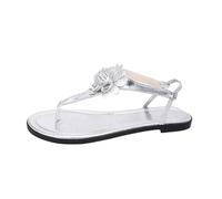 Sandali estivi piatti, alla moda, con cinturino tra le dita, design floreale, casual, comodi, da indossare in spiaggia. (Silver, 38)