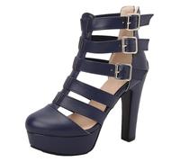 Sandali femminili Punta rotonda Tacchi grossi 12 Cm Piattaforma 3,5 Cm Cerniera Fibbie per Cintura Taglie Forti Scarpe da Incontri, Blu, 48 EU