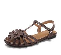 Sandali Gladiatore Floreali da Donna - Sandali Piatti a Punta Chiusa con Margherite e Cinturino alla Caviglia per L'Estate, Casual e per Le Vacanze,caffè,36 EU