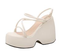 Sandali Gladiatore Plateau con Zeppa Donna Tacco Massiccio Fascetta Pulita Punta Aperta Tacchi Alti per Abbigliamento da Lavoro Urbano e Completi Serali,Beige,37 EU