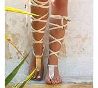 Sandali Infradito con Lacci da Donna, Sandali da Gladiatore da Donna Estate con Cinturino Incrociato Open Toe Sandalo Piatto Alto al Ginocchio, Scarpe da Sera Infradito da Spiaggia, Gold, 40 EU