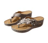 Sandali infradito da donna casual impreziositi da fiori, comodi, con zeppa, da spiaggia, per vacanze estive e abiti rilassati quotidiani, Cenere Chiaro, 38.5 EU