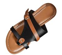 Sandali infradito da donna, comodi, piatti, larghi, estivi, leggeri, in ecopelle, alla moda, comodi, con cinghie regolabili, scarpe per tutti i giorni, Nero , 39 EU