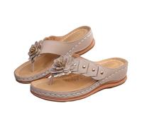 Sandali infradito da donna in stile bohémien, con fiore nero, con zeppa, comode, aperte, estive, per vacanze al mare, cachi, 38 EU