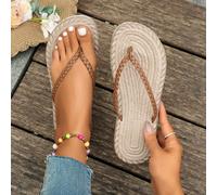 Sandali infradito piatti intrecciati da donna, con punta tonda, ciabatte casual per l'estate, scarpe da spiaggia leggere, ciabatte da donna con anello tra le dita, disponibili in bianco, nero e marron