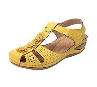 Sandali leggeri con zeppa aperta in punta aperta calzature estive in finta pelle scamosciata con cinturino a T scarpe da spiaggia sandali da passeggio decorati con fiori per donna, Giallo, 39.5 EU