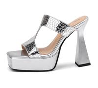 Sandali Mules con Piattaforma Donna Tacco a Blocco Massiccio Motivo Coccodrillo Punta Quadrata Punta Aperta Tacco Alto Slides Scarpe da Sera Serata Fuori e Evento in Club,Argento,37 EU