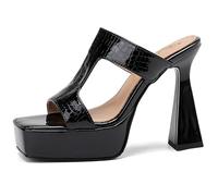 Sandali Mules con Piattaforma Donna Tacco a Blocco Massiccio Motivo Coccodrillo Punta Quadrata Punta Aperta Tacco Alto Slides Scarpe da Sera Serata Fuori e Evento in Club,Nero,46 EU