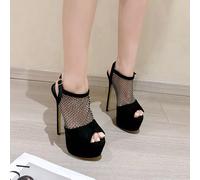 Sandali Neri Con Rete Gioiello E Plateau 17 Cm Eleganti Per Cerimonia CF51419