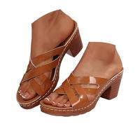 Sandali neri con tacco basso da donna, punta aperta, senza lacci, comodi, estivi, Marrone 1, 39.5 EU