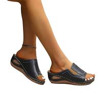 Sandali Ortopedici Da Donna Con Supporto for L'arco Plantare Pantofole Vintage Con Zeppa Scarpe Da Spiaggia Bohémien Estive Sandals Spuntate In Pelle PU Slippers Leggere Con Plateau ( Color : Black ,