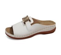 Sandali ortopedici da donna estivi comodi in pelle con zeppa, punta aperta, sandali a piedi in pelle con tacco a blocco, a T cinghia traspirante a sostegno plantare, pantofole casual, bianco, 38 EU