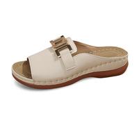 Sandali ortopedici da donna estivi comodi in pelle con zeppa, punta aperta, sandali a piedi in pelle con tacco a blocco, a T cinghia traspirante a sostegno plantare, pantofole casual, beige, 42 EU