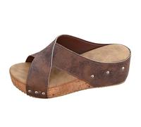 Sandali ortopedici da donna in pelle, sandali estivi da donna con tacco altoplateau Slides in sughero, piattaforma a piedi nudi, scarpe estive leggere e comode, per il tempo libero, marrone, 40 EU