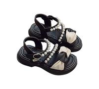 Sandali per bambini in pelle, sandali da esterno con perline, fiocco da principessa, sandali per bambini, in pelle laccata, sandali piatti estivi, suola in gomma morbida, Nero , 23 EU