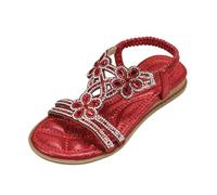 Sandali per bambini, piatti, da trekking, aperti, da spiaggia, con cinghie a T, con strass, larghe, vestibilità ampia, per il tempo libero, scarpe da sera ortopediche, Colore: rosso, 36 EU
