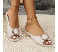 Sandali piatti da donna con decorazione in metallo e fiocco, sandali scorrevoli beige alla moda per San Valentino, outfit primaverili ed estivi CN36-37,CN38-39,CN40-41Colore unicoPolicloruri di vinile