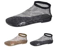 Sandali piatti da donna con strass in rete, ballerine da donna, punta tonda, casual, stivali corti scavati fuori traspirante fondo piatto scintillante leggero calzature slip on comode scarpe da