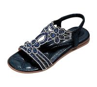 Sandali piatti da donna con zeppa 2026 Boho Comfort Summer Flower Trendy Strass Beach Spring Casual Wedding Summer 2026 Dressy Womens Flat Dress Sandali comodi sandali piatti da donna, Blu scuro, 40