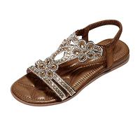 Sandali piatti da donna con zeppa 2026 Boho Comfort Summer Flower Trendy Strass Beach Spring Casual Wedding Summer 2026 Dressy Womens Flat Dress Sandali comodi sandali piatti da donna, Marrone, 38 EU