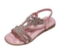 Sandali piatti da donna con zeppa 2026 Boho Comfort Summer Flower Trendy Strass Beach Spring Casual Wedding Summer 2026 Dressy Womens Flat Dress Sandali comodi sandali piatti da donna, rosa, 38 EU