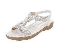 Sandali piatti da donna estivi bohémien per il tempo libero con strass da donna a T cinghie antiscivolo scarpe da spiaggia sandali sandali larghi donna leggeri ortopedici sandali estivi, argento, 38