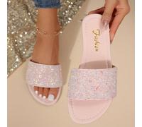 Sandali piatti da donna, sandali estivi con punta aperta, strass, pelle, tacco basso, punta tonda, mule, comodi sandali casual marrone/blu per uso esterno, vacanze e abbigliamento elegante per San Val