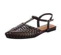 Sandali piatti da donna vintage con borchie T-Strap Rivetto Intrecciato Cage Scarpe Punk Retro Punta Chiusa Calzature per Musica Festival Party, Caff, 40.5 EU
