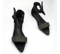 Sandali piatti eleganti alla moda per le donne con diamanti Feng Shui decorati da una catena nera in tessuto di raso e un fiocco, per l'uso quotidiano e per le feste. EUR35,EUR36,EUR37,EUR38,EUR39,EUR