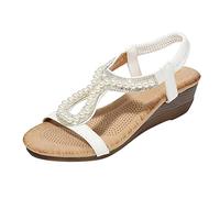 Sandali Punta Chiusa Donna Bassi Eleganti Sandali Gioielli Donna Primavera ed Estate Zeppe Stile Perline Con Da Di Diamanti Scarpe Estive Zeppa Plateau (White 39)