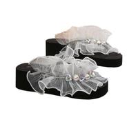 Sandali scorrevoli con plateau spesso increspato e strass perlati da donna | Tomaia in rete trasparente con volant e decor strass perle, suola piattaforma antiscivolo, 2 colori, per quotidiano spiaggia