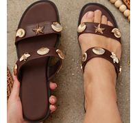 Sandali scorrevoli versatili da donna in PU marrone con due fasce, design con conchiglia d'oro, antiscivolo, scarpe da spiaggia, vacanza, regalo per la festa della mamma in primavera ed estate US10,US