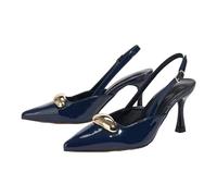 Sandali Slingback Blu Navy a Punta con Tacco Gatto Donna, Scarpe Tacco Basso 8 cm per Nozze e Feste Cocktail,Navy Blue,35 EU