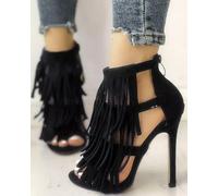 Sandali stiletto nero frange tronchetto 12 cm pelle sintetica eleganti 1425