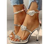 Sandali stiletto tronchetto argento lucido 12 cm pelle sintetica eleganti 1367