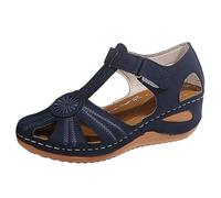Sandali vintage da donna in gabbia, punta chiusa, zeppa, scarpe con gancio e anello, per viaggi estivi, passeggiate quotidiane, Blu, 40.5 EU