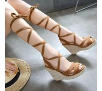 Sandali Zeppa Alta 11,5 Cm Lacci Schiava Corda Platform Cuoio Eleganti ZX7K2
