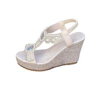 Sandali Zeppe Donna Boemico | Ornamento Centrale Lucido e Particolare Perlato, Flangia Posteriore, Piattaforma Alta Compensata, Punta Aperta | per Spiaggia, Vacanze, Uscita, Primavera Estate, 01 beige