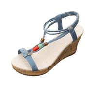 Sandali Zeppe Donna Stile Boemico | Nudo Piedi A Intra Dito, Spose Incrociate alla Caviglia, Perline Decorative, Piattaforma Spessa, Suola Rilievo Visibile | Scarpe Estate Spiaggia Vacanze, 01 Blu