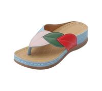 Sandalias de tiras con estampado de hojas de moda de verano, cómodas y casuales, para playa, con soporte para el arco, para uso en interiores y exteriores. (Sky Blue-1, 41)