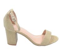 Sandalo Alto Donna Oro Tessuto Satinato Tacco Doppio 5 cm Cinturino alla Caviglia Linea Basic Cerimonia Elegante (41 EU)