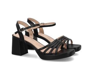 Sandalo da Donna con Tacco Largo Che unisce Eleganza e Comfort, caratterizzato da Un Sottile Cinturino sul Davanti e da Una Chiusura Regolabile con Fibbia alla Caviglia.