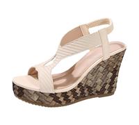 Sandalo da donna Sandali in tessuto top e punta aperta per donna, cinghie elastiche cave, suola spessa, altezza aumentata, perdita sandali Boemia perla pelle scarpe sandalo donna sera, bianco, 40 EU