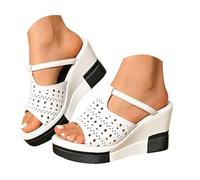 Sandalo Donna Estivo Women's Summer Openwork Wedge Sandals Thick Soled Platform Sandals Fashionable T Strap High Heeled For Wearing Outside. (White, 38)