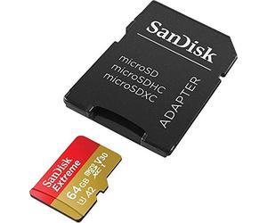 SanDisk Extreme 64 GB microSDXC Memory Card + SD Adapter with A2 App Performance + Rescue Pro Deluxe, Up to 160 MB/s, Class 10, UHS-I, U3, V30, Red/Gold
