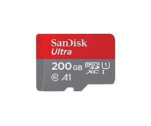 SanDisk Ultra 200 GB microSDXC Memory Card + SD Adapter with A1 App Performance Up to 120 MB/s, Class 10, U1, Red/Grey SDSQUA4-200G-GN6MA