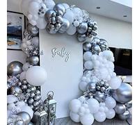 SANERYI Set di 144 palloncini bianchi, con coriandoli bianchi e metallizzati, in argento, per matrimoni, bambini, doccia, gas elio