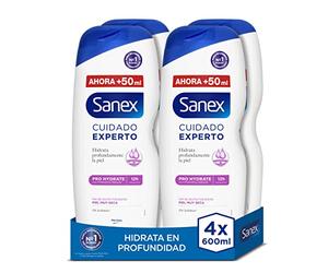 Sanex Cura Expert Pro Hydrate Gel Doccia, confezione da 4 x 600 ml, Formula con Prebiotico Naturale, Idrata in profondità la pelle, 12H Idratazione, 0% solfati, per pelle molto secca