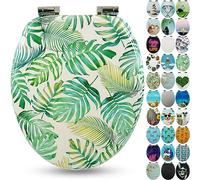 Sanfino® Premio Sedile WC ammortizzato - Copriwater Universale di alta qualità in legno, tanti motivi colorati, seduta comoda, facile da montare con istruzioni di montaggio incluse - "Tropical Leaves"